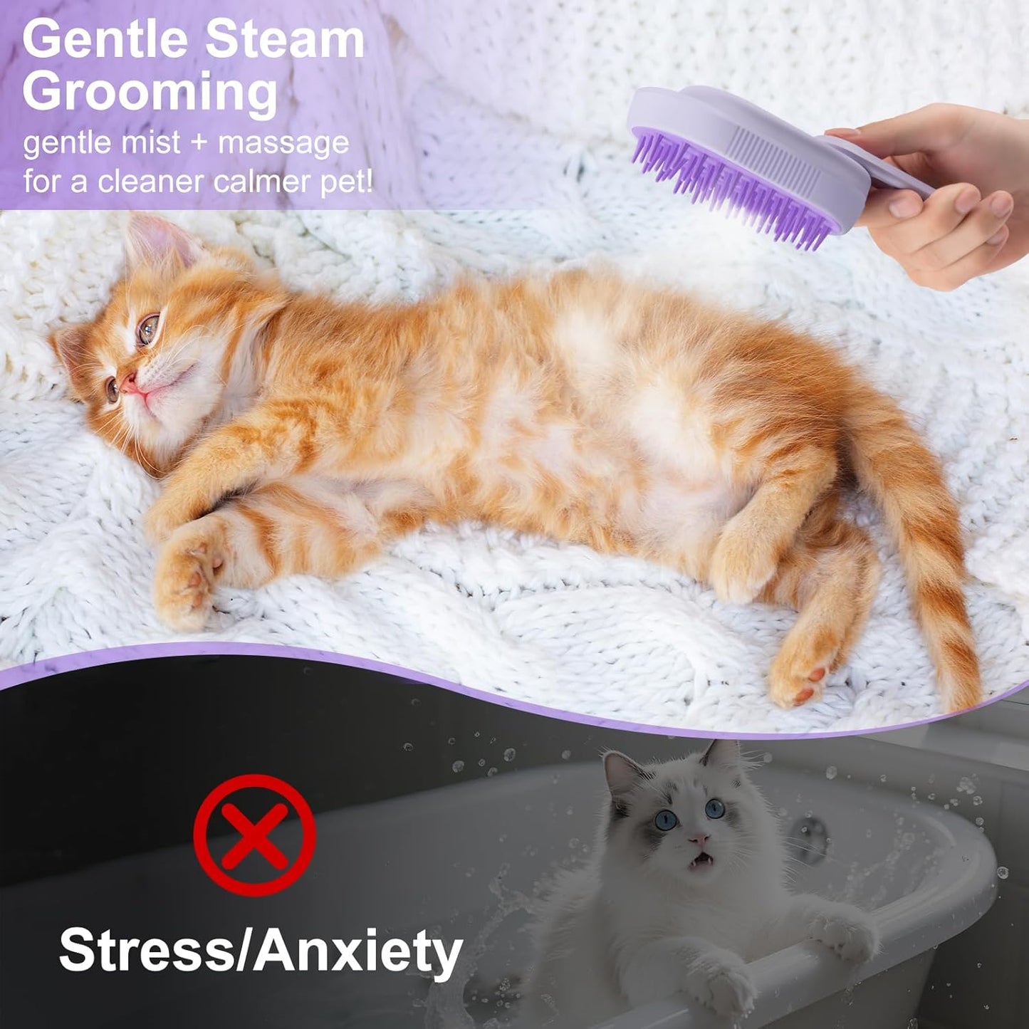 Steam Brush for Cat & Dog – 3-in-1 Spritz Pet Spray Hair Removal Comb for Grooming & Shedding Steam – Water Brush for Long & Short Haired Pets– Includes Two Bottles Waterless Shampoo