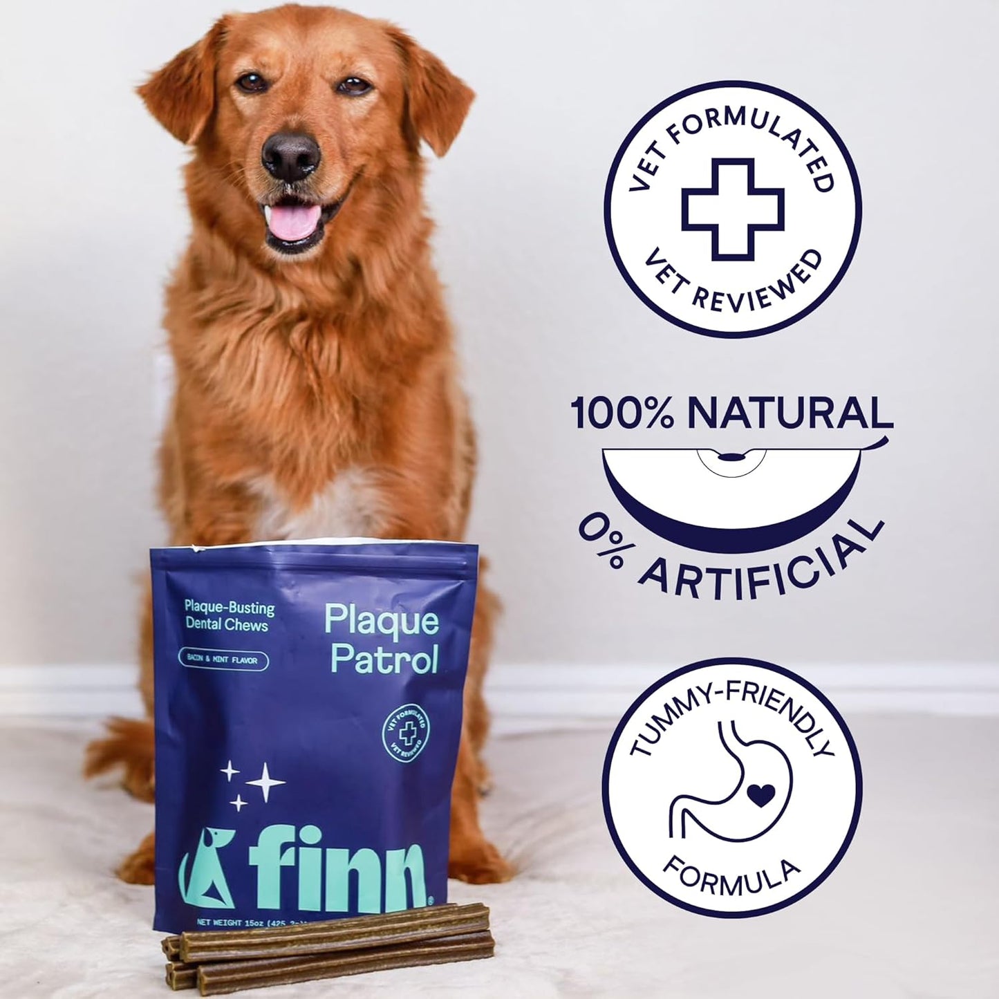 Finn Plaque Patrol Dental Chews | Triple-Action Defense Against Plaque, Tartar, and Bad Breath | for Medium/Large Dogs, 25+ lbs