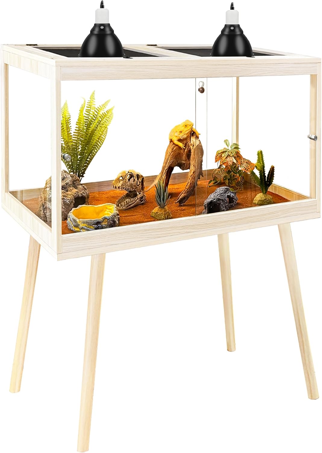 PROLEE Tempered Glass Reptile Enclosure with Leg,24“ Scratch-Proof Bearded Dragon Tank,28 Gallon Lizard Tank with Metal Mesh Tops and Lockable Door,Spacious Reptile Habitat for Snake,Lizard (Oak)