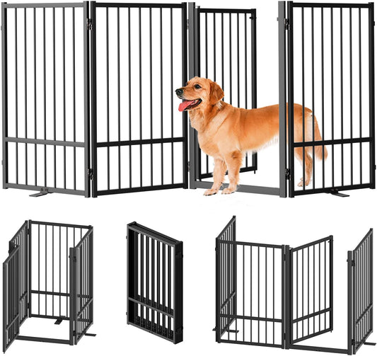 Full Metal Freestanding Dog Gate with Door, 32''Height Foldable Pet Dog Fence for Indoor & Outdoor, 4 Panels Extra Wide Free Standing TallDog Gates for Doorways,House,Stairs,Porch,Deck,Yard