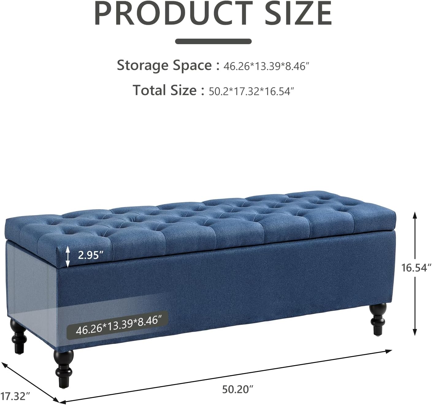 Ottoman with Storage,50.2-inch Upholstered End of Bed Storage Bench for Bedroom,for The Living Room,for Entryway, with Button and Safety Hinges,Detachable (Blue)