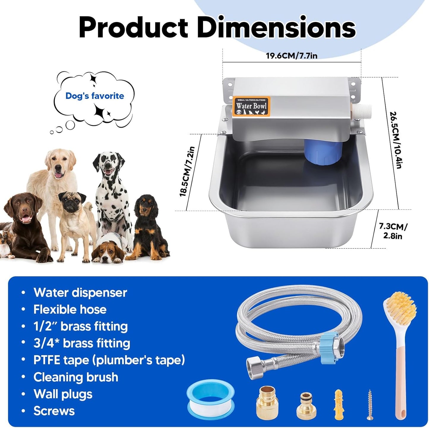 Automatic Water Dispenser for Dog, 3L Dog Water Bowl Dispenser, Stainless Steel Indoor/Outdoor Water Feeder Suitable for Dogs Livestock Chicken Horse, Easy to Clean