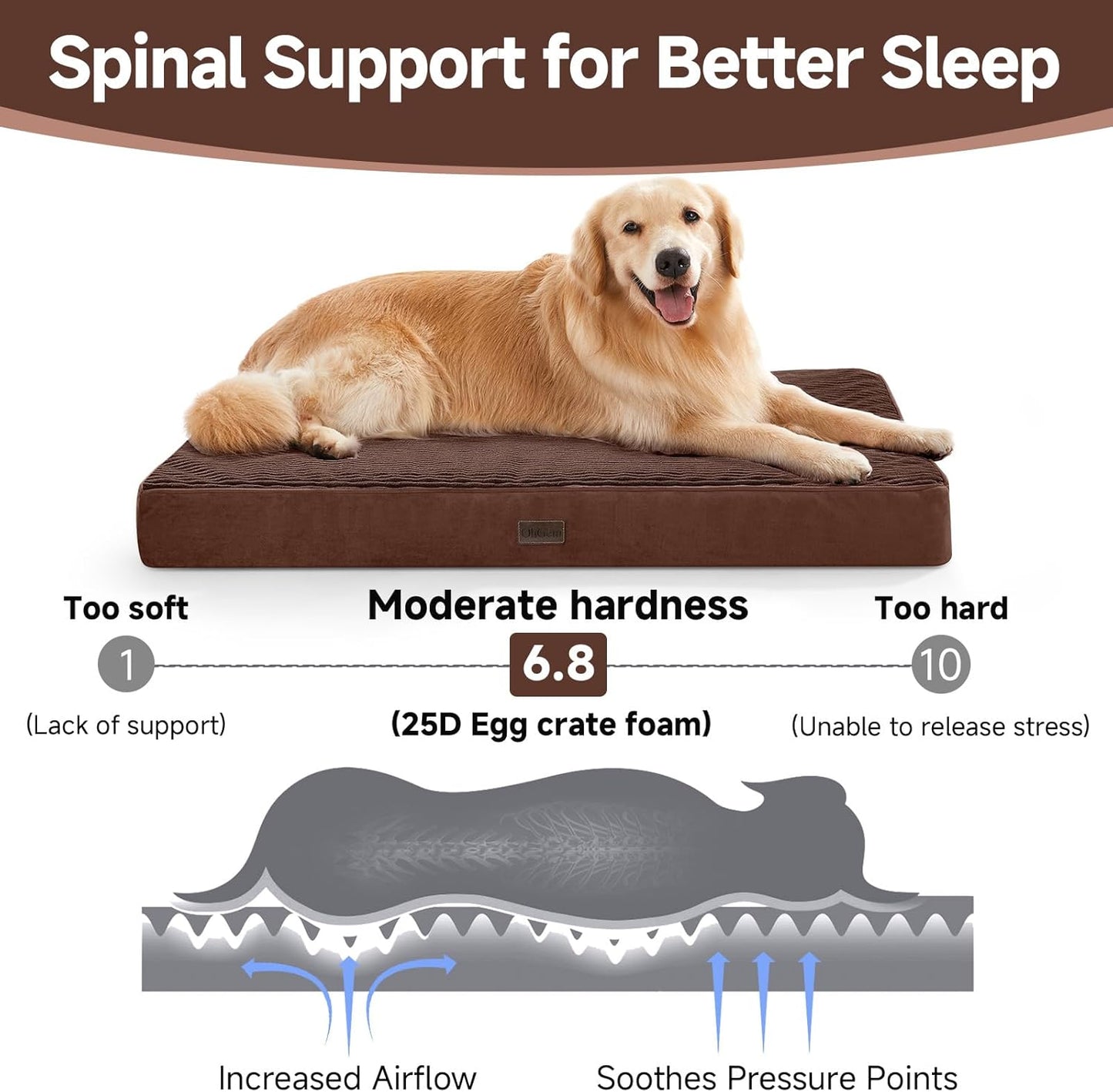 OhGeni Orthopedic Waterproof & Machine Washable Dog Bed for Large Pets, Suitable for Crates, Cat Mat with 25D Egg Crate Foam, Non-Slip Bottom & Removable Cover, Invisible Zipper, 41 Inches(Brown)