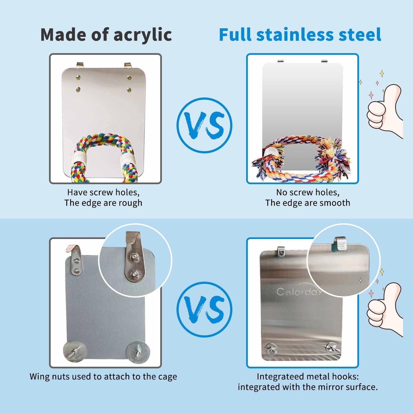 Colorday 9" Bird Mirror with Rope Perch, Bird Swing, Parrot Cage Toys for Parakeet African Grey Conure Cockatiel Lovebird Finch Canarie, Large