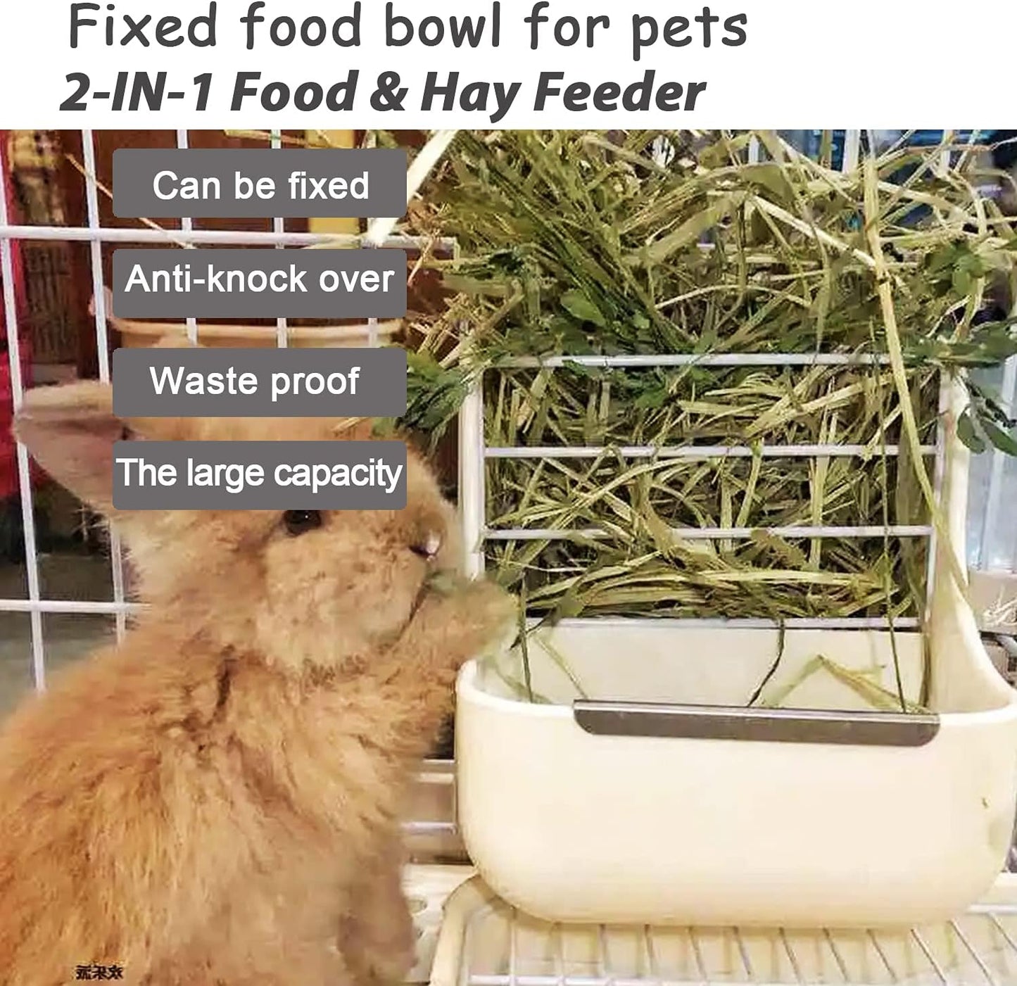 HERCOCCI Rabbit Hay Food Bin Feeder and Bunny Water Bottle Set, Hay Food Feeder Bowls Manger Rack with 500ml Hanging Water Dispenser Prevent Knock Over for Rabbit Guinea Pig Chinchilla (Large, White)