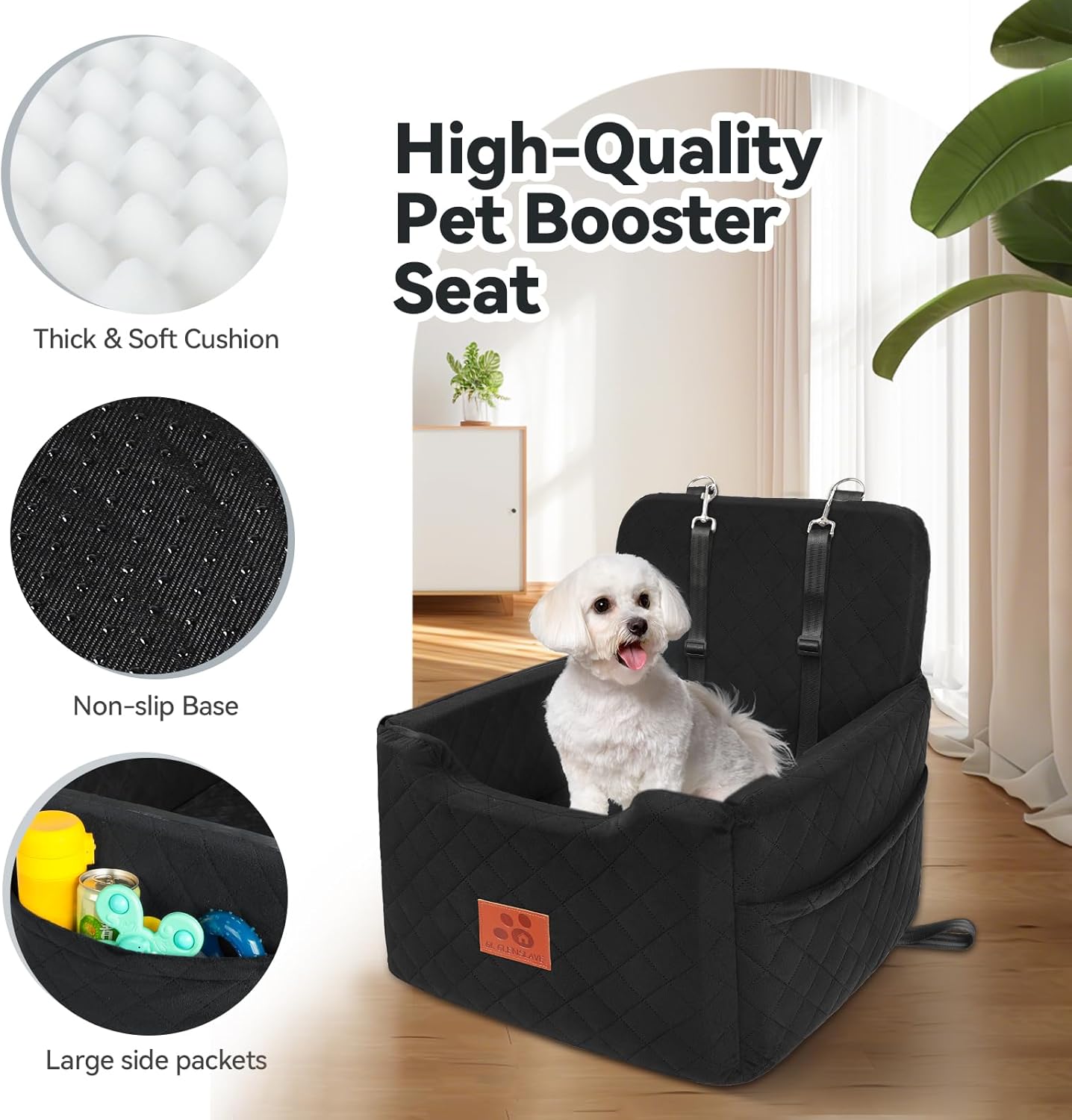 Dog Car Seat for Small/Medium Dogs Under 35lbs,Memory Foam Dog Booster Seats,Detachable and Washable Traval Pet Car Seat,Dogs Bed with 2 Safety Belts(Balck)