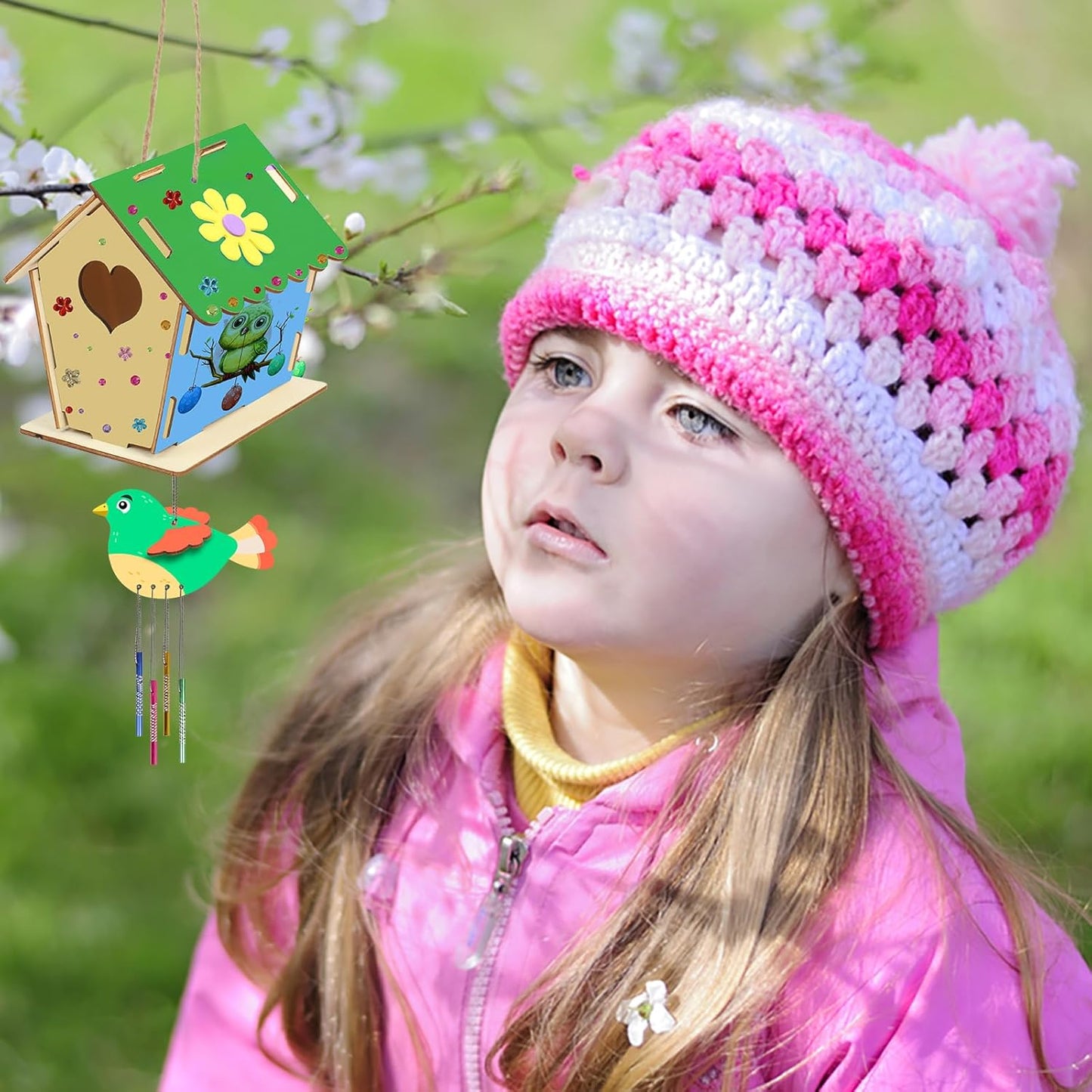 Fennoral 12 Pack Bird House Craft Kit for Kids Make You Own Bird Wind Chime Kit DIY Build and Paint Wooden Birdhouses Bird Feeder Art and Craft for Spring Yard Garden Outdoor Decoration