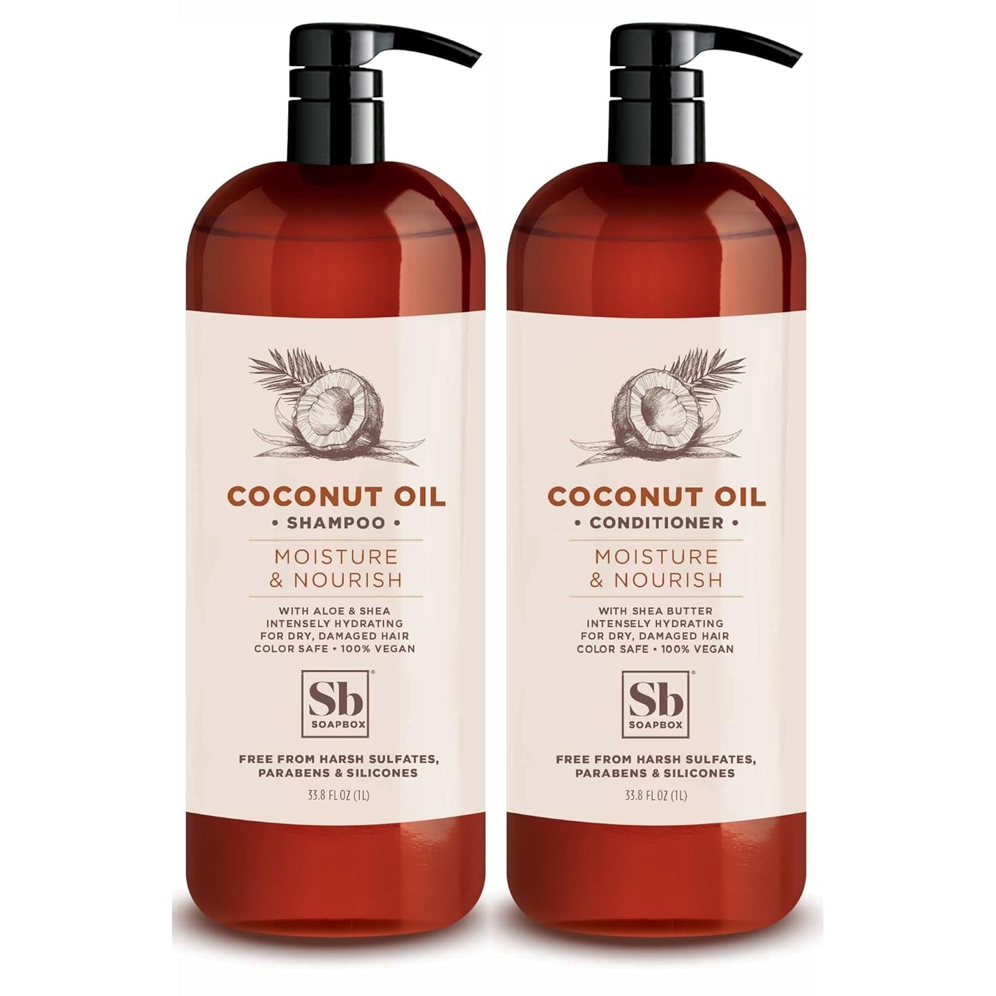 Soapbox Shampoo and Conditioner Set with Coconut Oil, Jojoba Oil, Aloe and Shea Butter to Moisturize and Nourish for All Hair Types, 1 Liter Each (Pack of 2)