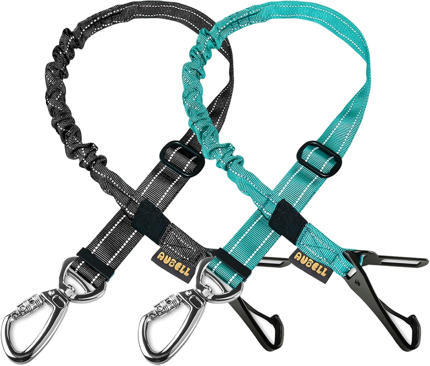 AUBELL Dog Seat Belt for Car,2 Pack Set 3-in-1 Adjustable Reflective Bungee Heavy Duty Dog Car Harness Tether with Clip Hook Latch & Buckle,Swivel Zinc Alloy Carabiner,Black+Teal