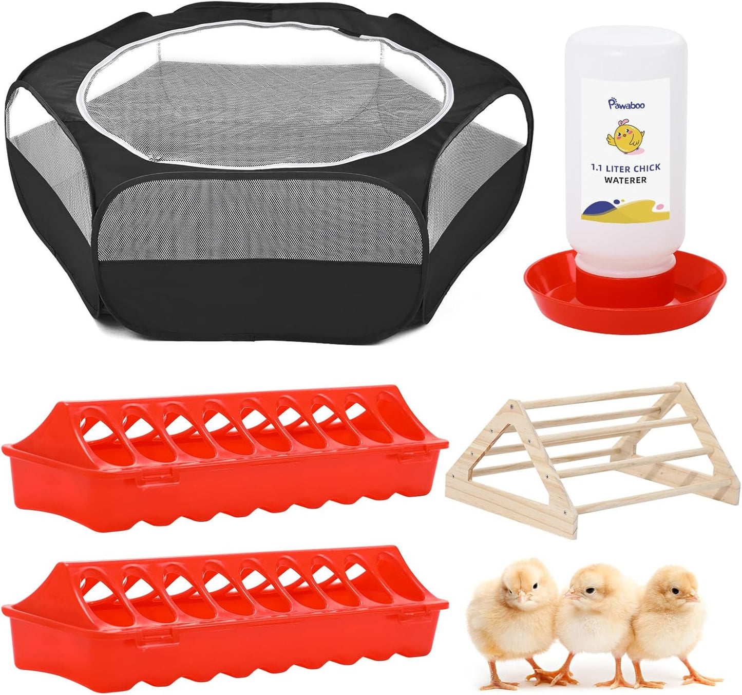 Pawaboo 5-in-1 Chicken Brooder Box for Chick Starter Kit, Includes Pet Cage Tent, Chicks Perch, Chicks Feeder, 1.1L Chick Waterer, Baby Chicken Supplies (Brooder Set), Black