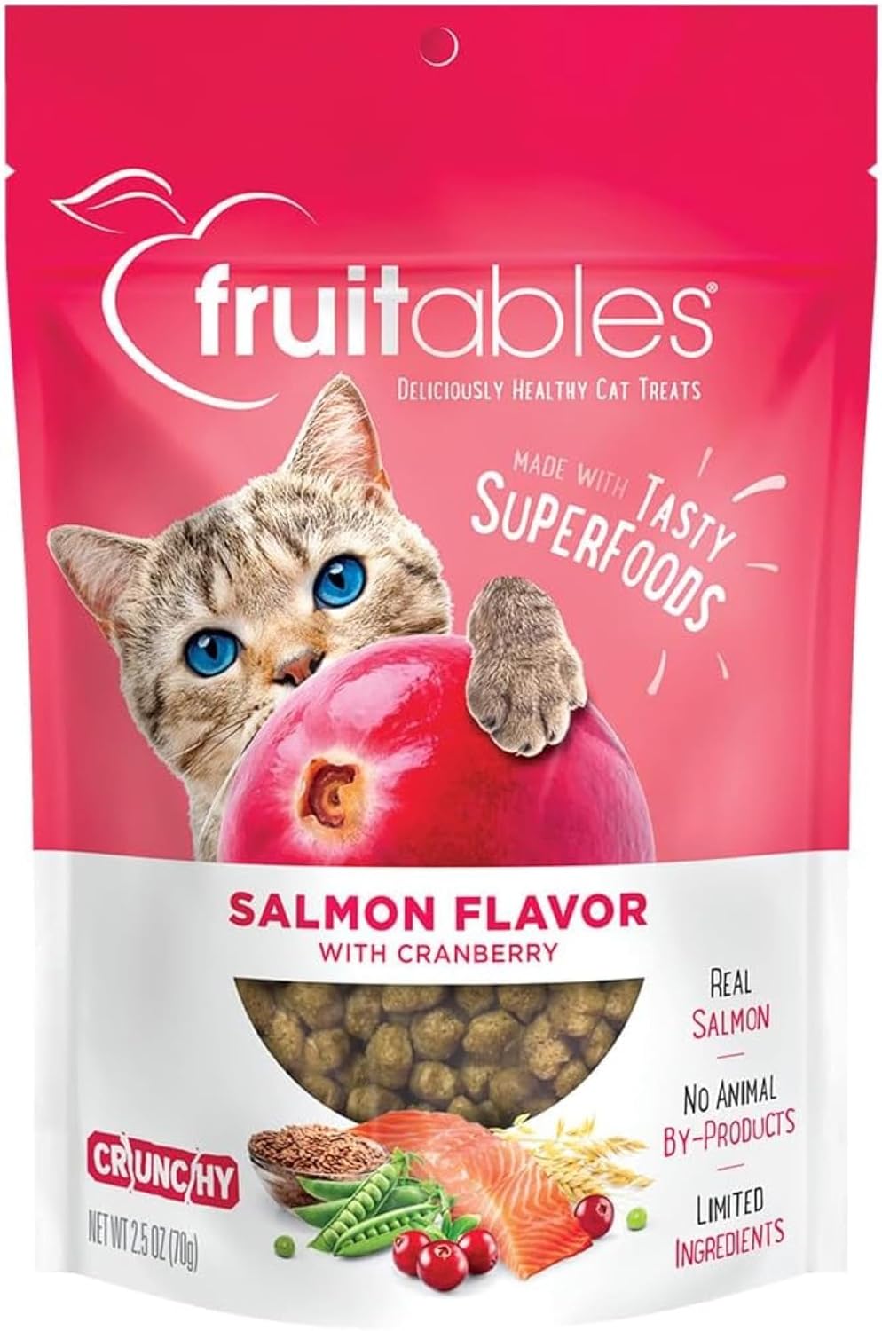 Fruitables Cat Crunchy Treats For Cats – Healthy Low Calorie Packed with Protein – No Wheat, Corn or Soy – Made with Real Salmon with Cranberry – 2.5 Ounces