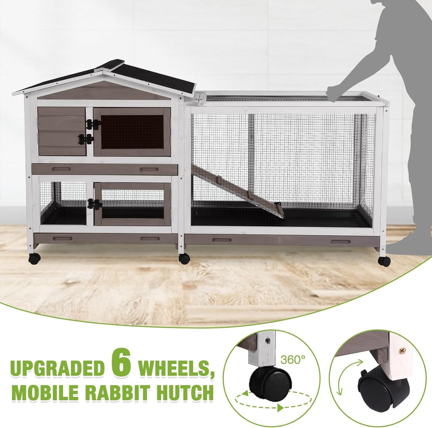 GUTINNEEN Rabbit Cage Indoor Bunny Hutch with Chew-Proof Ramp - 2 Story Guinea Pig Cages Outdoor with 6 Wheels, Leakproof Pull-Out Tray for Rabbits, Guinea Pigs (Brown)