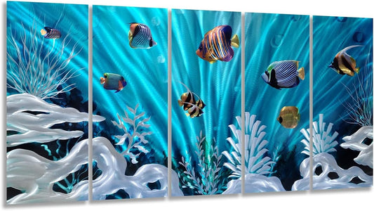 SYGALLERIER Fish Metal Wall Art Hand Crafted Large 3D Sea Life Pictures Modern Abstract Coastal Aluminum Artwork Contemporary Sculpture for Living Room Bedroom Dinning Decor