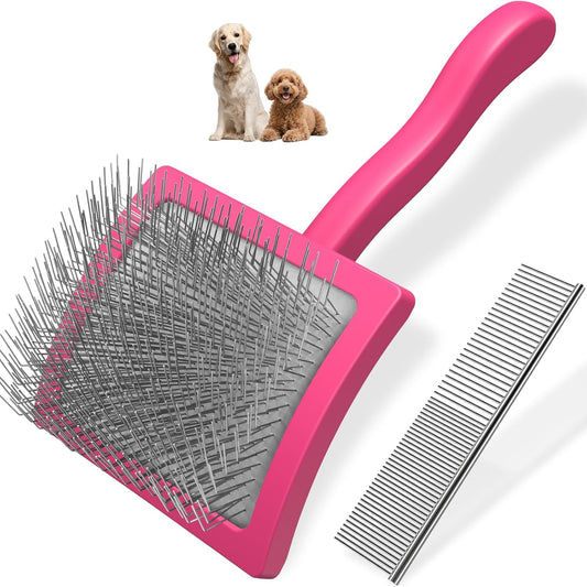 2PCS Slicker Brush for Dogs & Pet Comb,Professional Dog Grooming Brush (Goldendoodles,Poodles,Labradoodles) with Extra Long Pins to Effectively Remove Tangles, Knots and Mats (Pink)