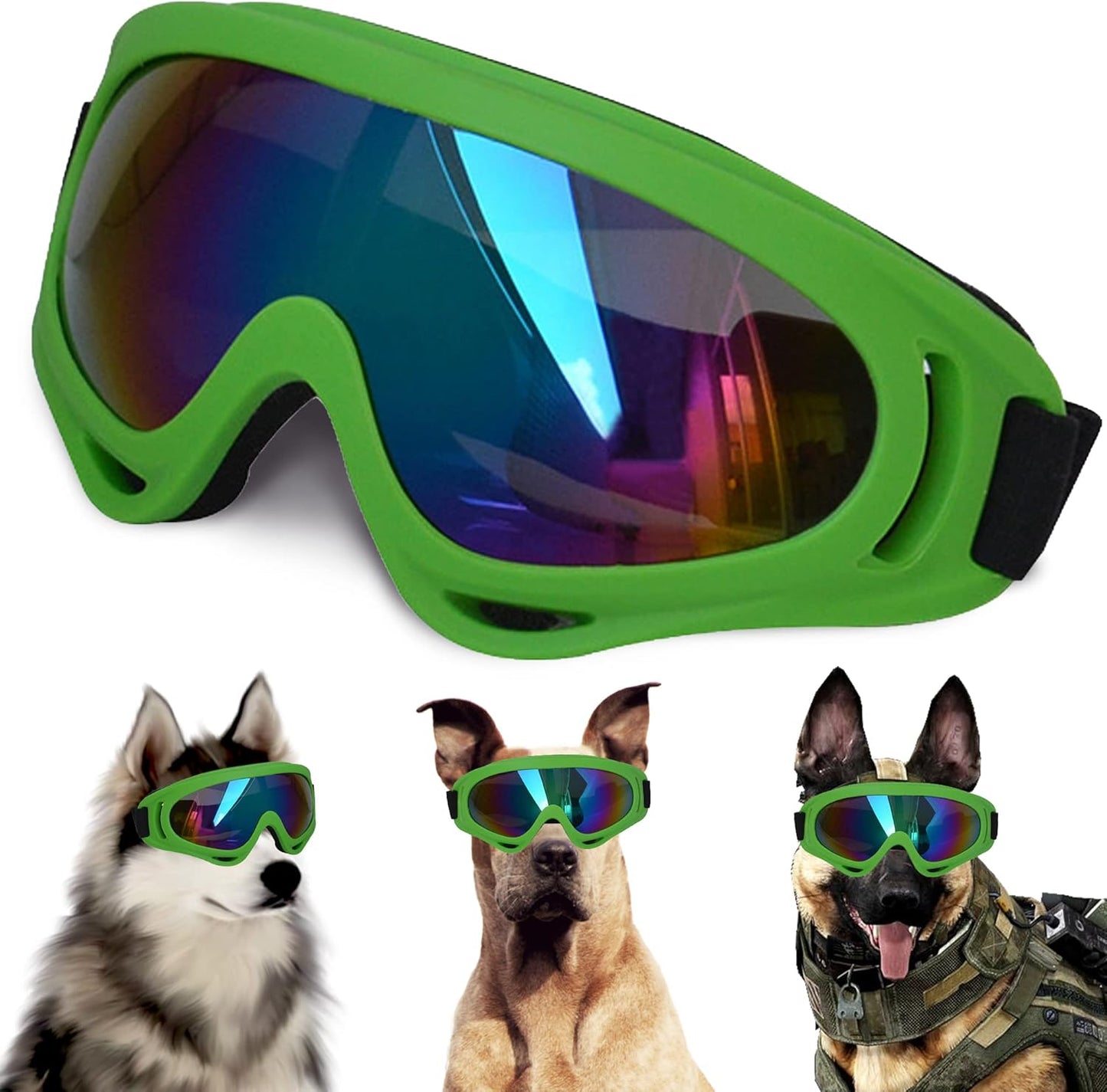 Large Dog Sunglasses With Adjustable Strap UV Protection, Windproof Puppy Eyewear, Suitable for Medium-Large Pets, Eyes Protection, Soft Goggles (Green Frame)