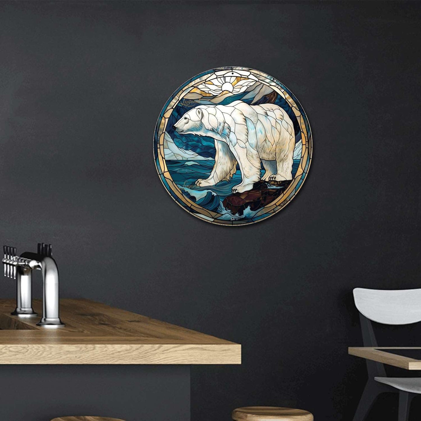 Lygond Metal Sign Tin Sign Circular Stained Glass Polar Bear3 Bar Signs For Home Bar For Yard 12×12 Inches