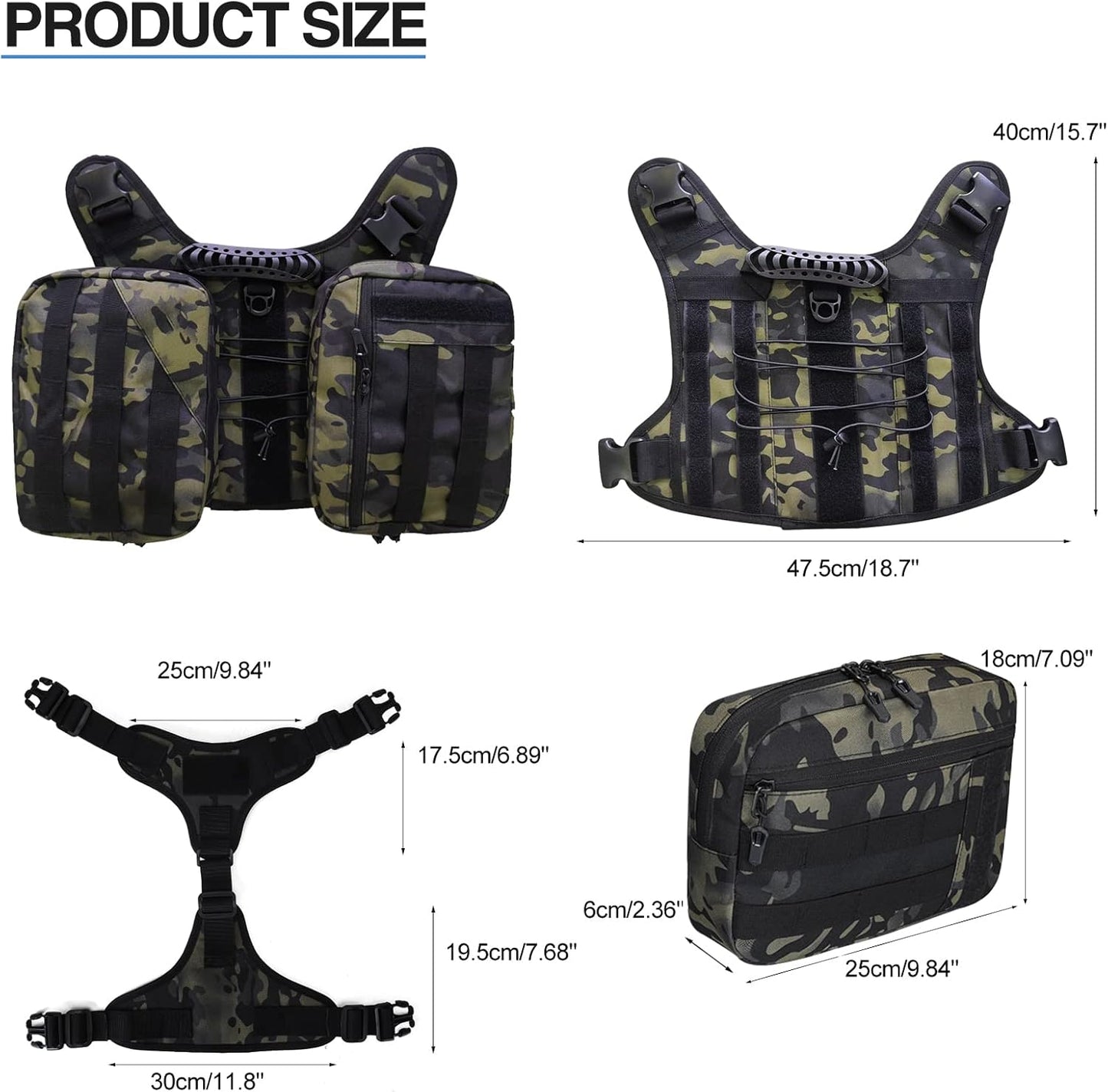 BYGD Dog Saddle Backpack for Hiking, Lightweight Waterproof Harness with Removable Bags for Large Dogs, Outdoors (Camo)