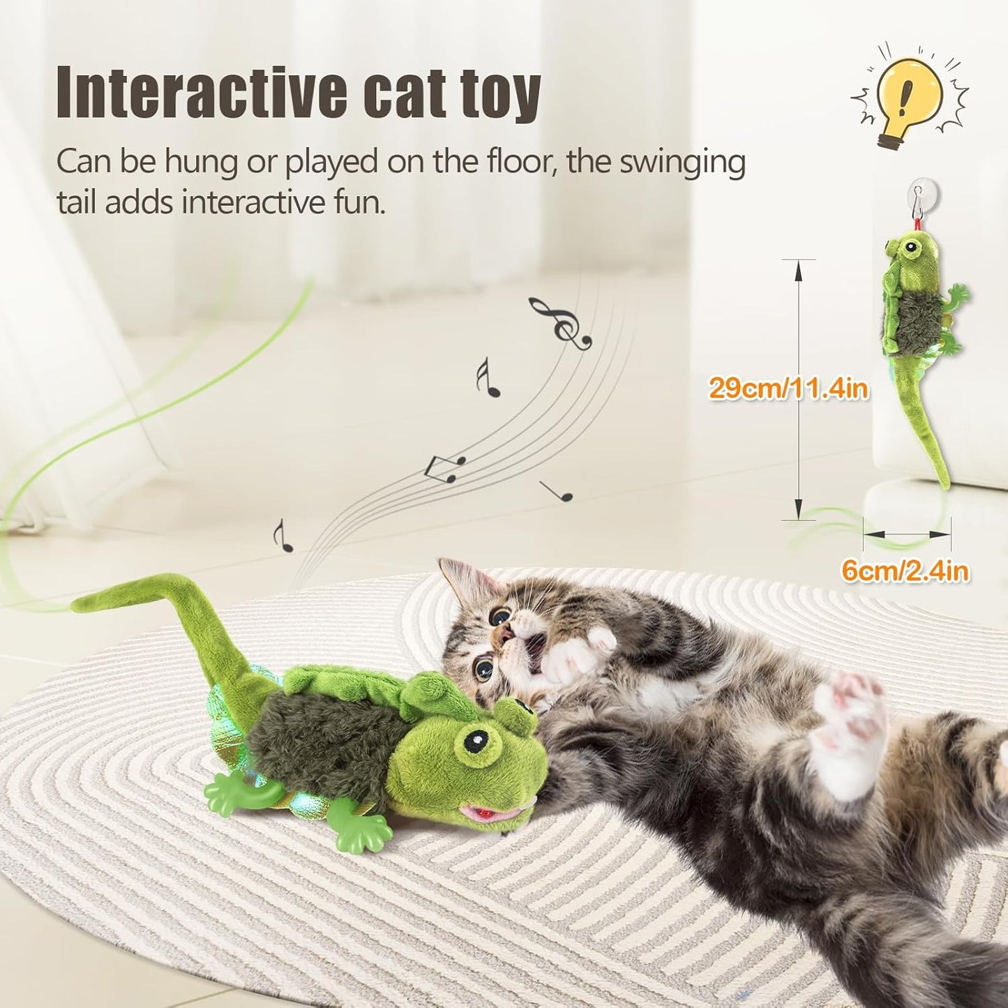 Migipaws Cat Toys, Touch Activated Flapping Chirping Lizard Kitten Toy with Catnip for Indoor Cats Kicker, Rechargeable (Green)
