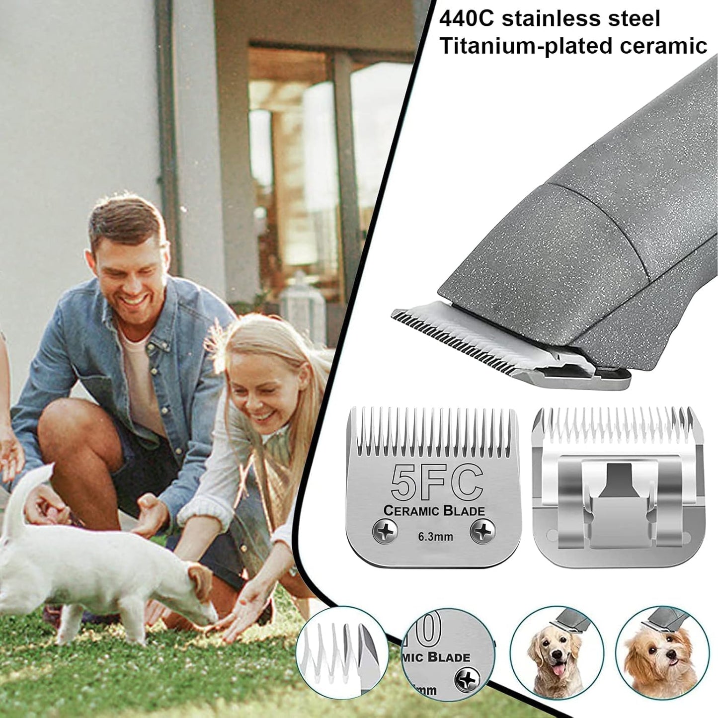 5FC Blade Dog Grooming Clipper Replacement Blades Compatible with Andis Dog Clippers,Detachable Ceramic Blade & Stainless Steel Blade,Size-5 FC 1/4-Inch Cut Length (64122)