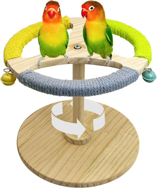 PINVNBY Bird Stand Perch Toy Wooden Spinning Parrot Perch with Cotton Rope and Bell Interactive Cockatiel Toy Bird Cage Accessories for Parakeets Conures Budgies Finches Lovebirds