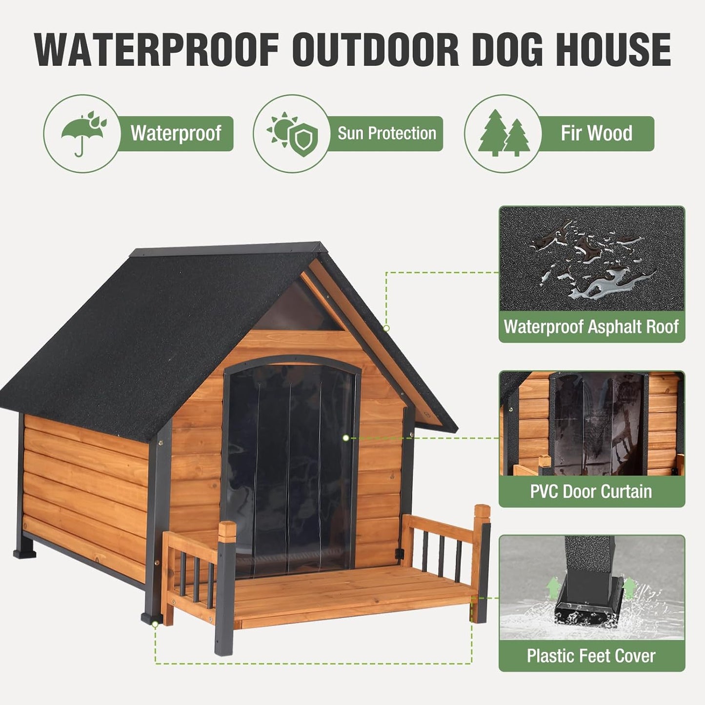 Large Dog House Outdoor Weatherproof Dog Kennel with Anti-Chewing Iron Frame, Dog Shelter for Large Breed with Porch (Brown, 50.9" D x 37.4" W x 37.2" H)