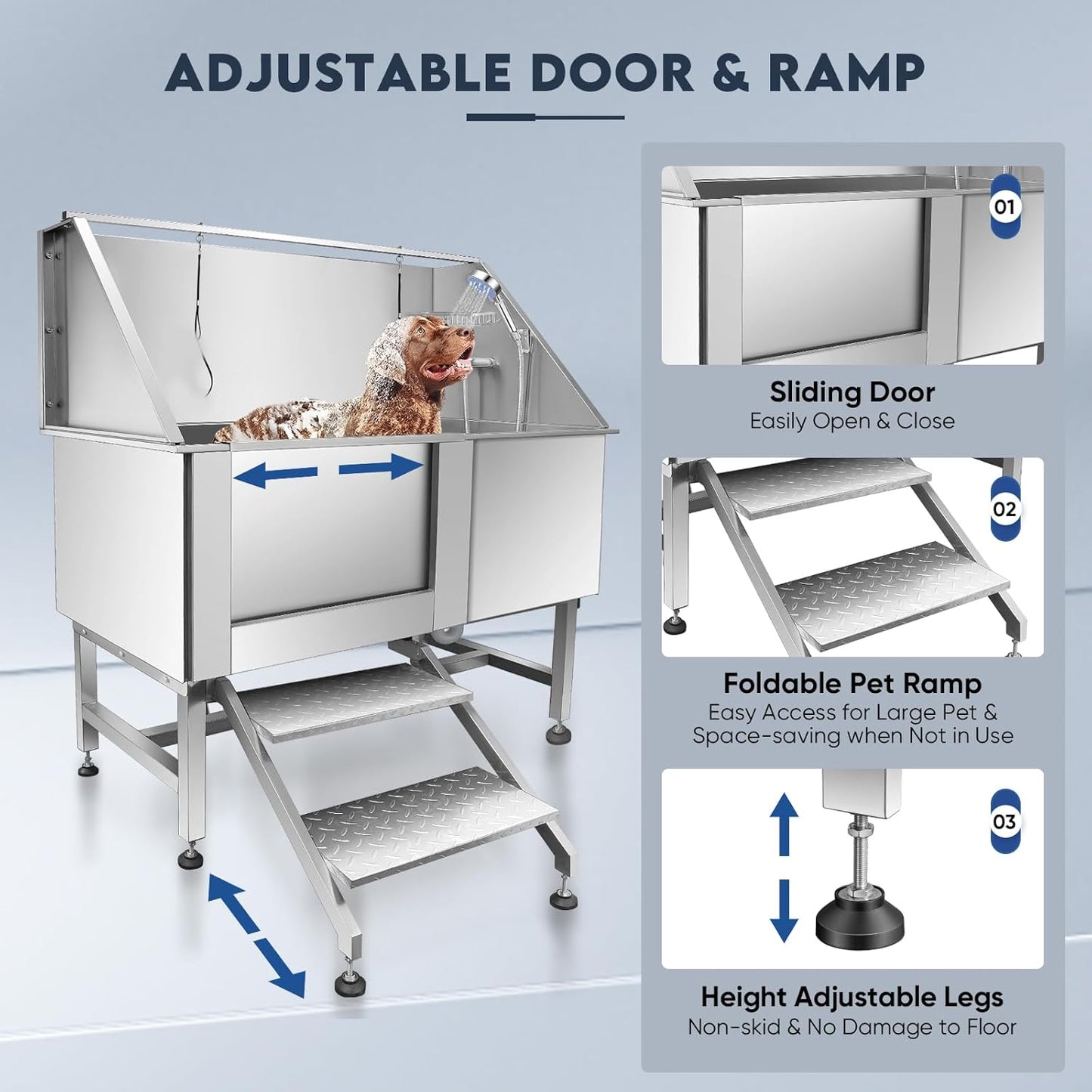 62" Pet Dog Bathing Station,Professional Stainless Steel Dog Grooming Tub,Pet Bathing Tub Dog Bathing Station with Faucet Walk-in Ramp Accessories,Commercial or Household use, (Extra Large)
