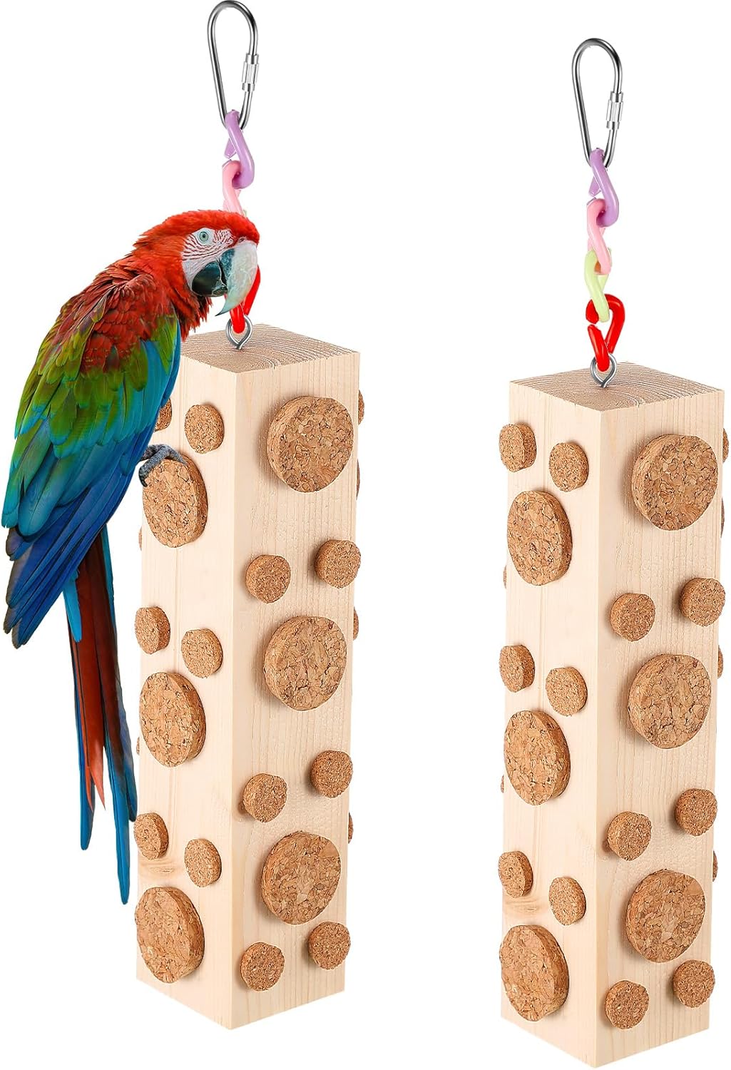 2 Pcs Bird Parrot Chew Toys Wooden Foraging Hanging for Birds Parrots Cork Stopper Toys Cage Woodpecker Feeding Toy for Macaws, Small Parakeets Conure Budgies Finches Cockatiel