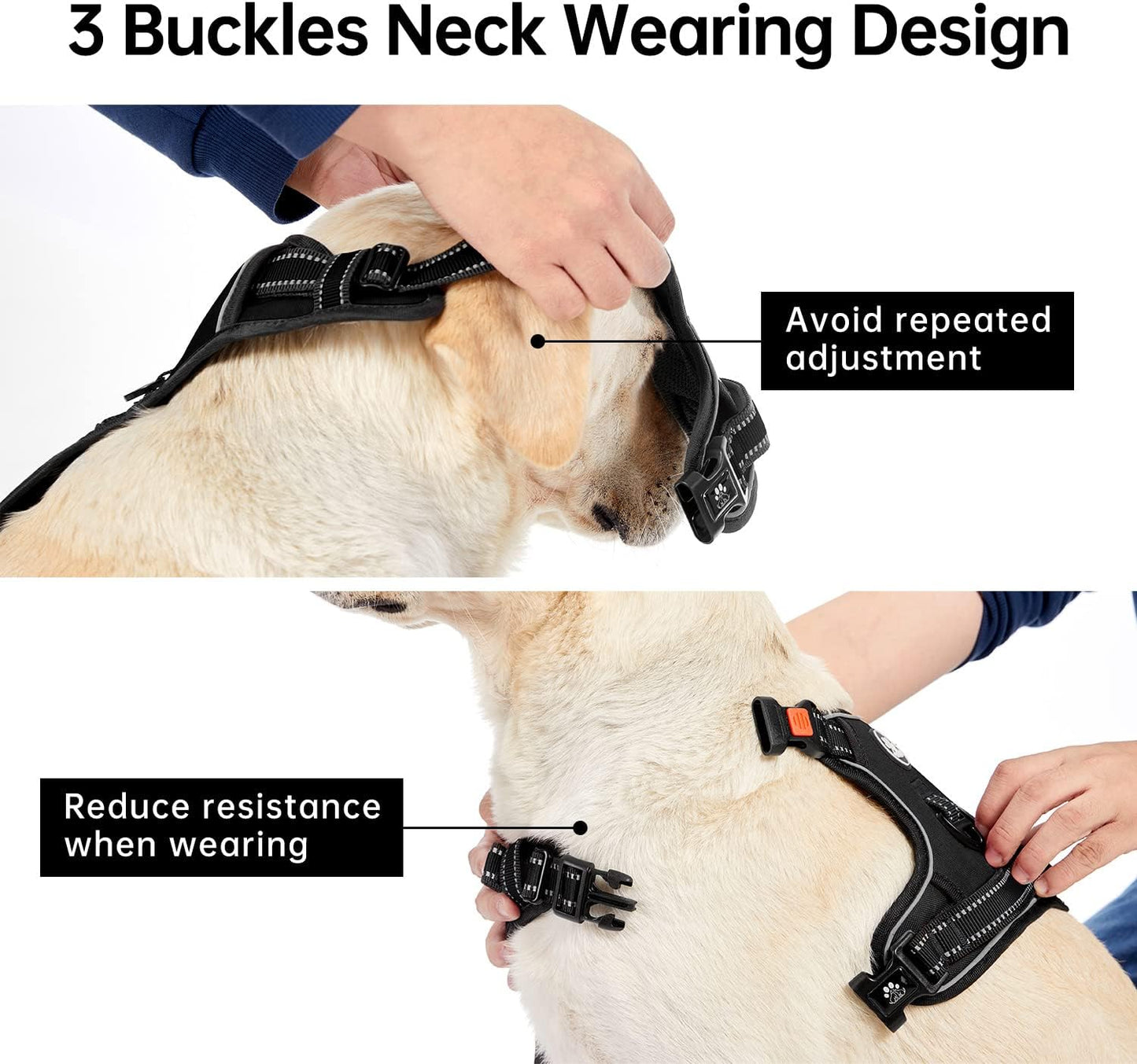 IVY&LANE No Pull Dog Harness for Medium Dogs, Dog Vest Harness with Leash, Safety Belt and Storage Strap, Fully Adjustable Harness, 360° Reflective Strip, Soft Handle (Black, M)