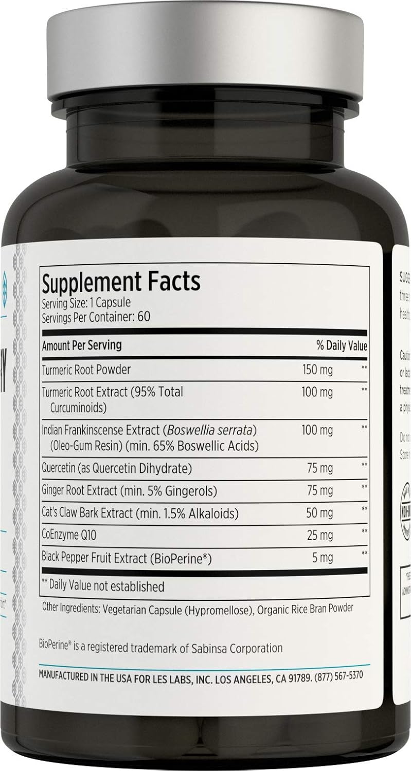 LES Labs Inflammatory Health – Joint Support, Muscle Function & Relaxation, Mobility– Turmeric, Boswellia, Quercetin, Ginger & CoQ10 – Non-GMO Supplement – 60 Capsules