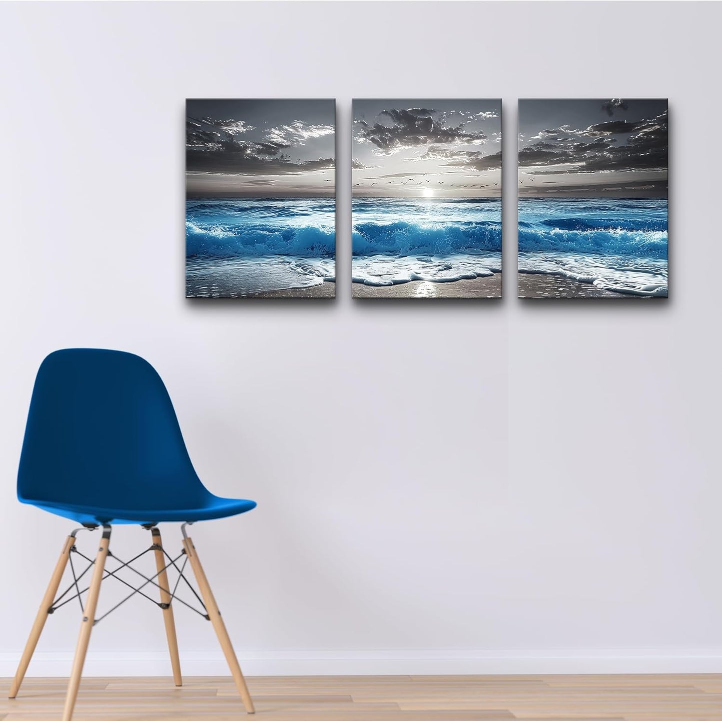 TTHYUEWS Black And White Beach Pictures Large Wall Decor For Living Room Canvas Wall Art For Bedroom Modern Office Decorations Blue Sea Wave Ocean Paintings Artworks Canvas Art Home Decor 3 Pieces