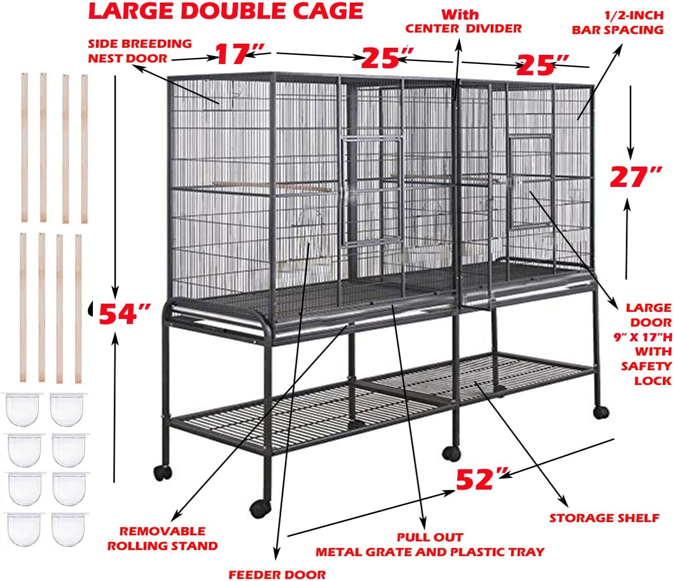 54" Extra Large Double Breeding Flight Bird Wrought Iron Double Parrot Bird Cage Slide Out Center Divider Side Nesting Doors Cockatiel Conure Removalbe Rolling Stand