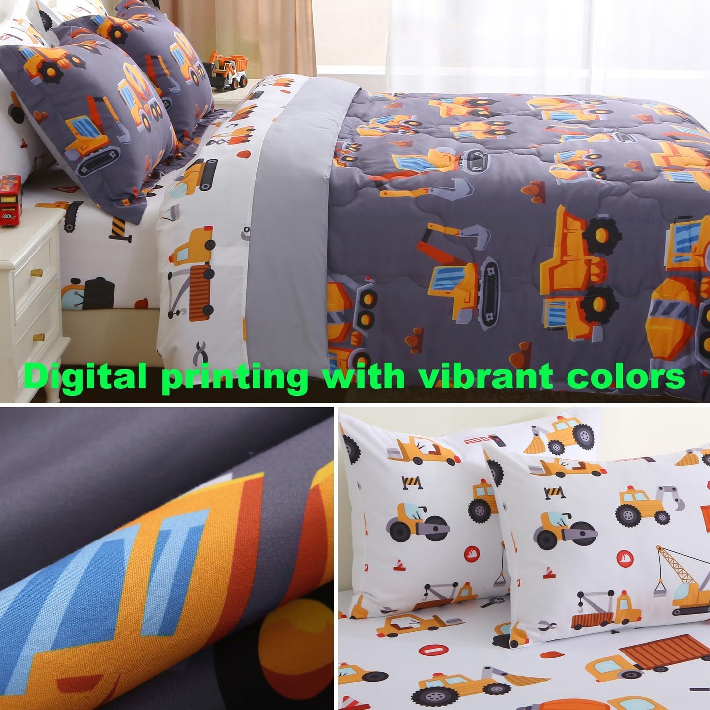 Kids Comforter Set 7 Piece Bedding Cute Car Cartoon Truck Bed Microfiber Comforter Queen Size All Season Excavator Car Truck Printed