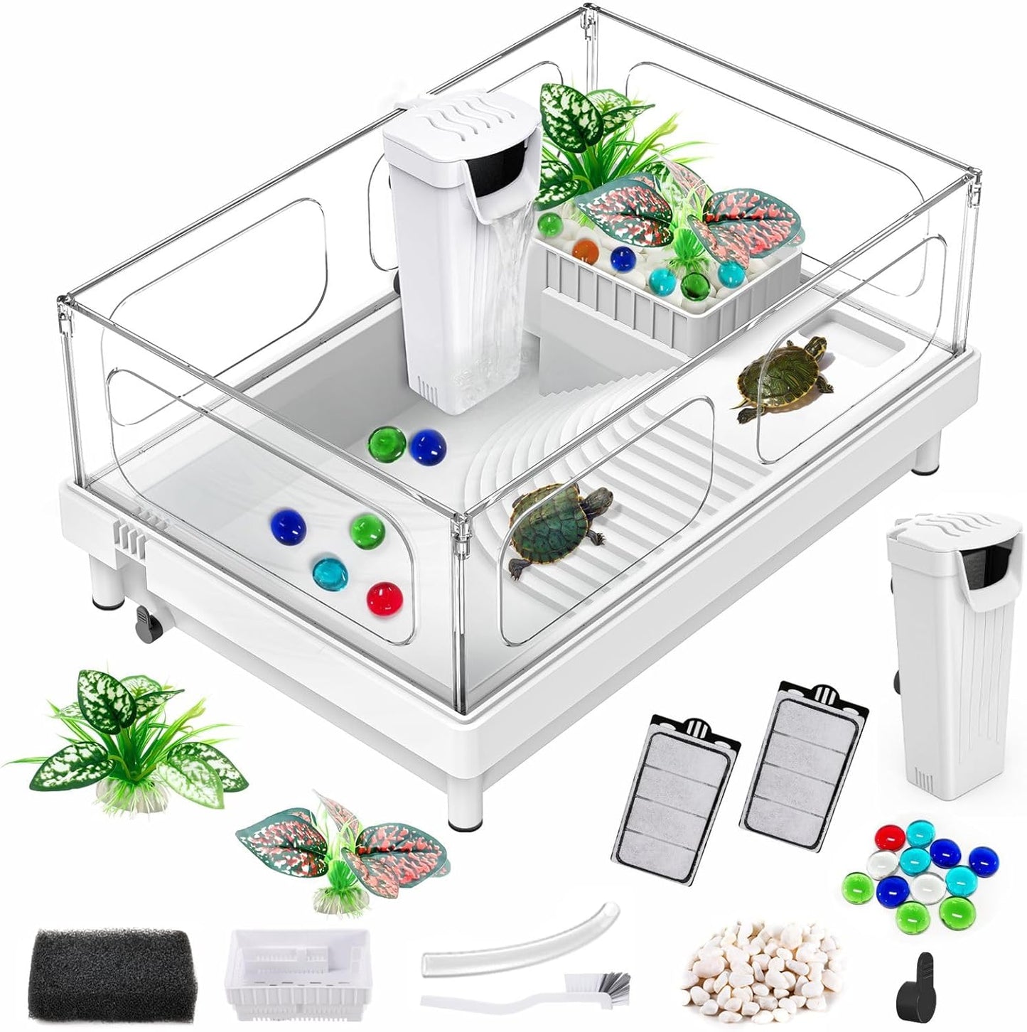 Small Turtle Tank with Filter, Acrylic Turtle Tank Starter Kit, Reptile Habitat and Terrarium with Multi-Functional Areas for Tortoise,Crab,Crayfish,Small Reptile. (Tank+Filter)