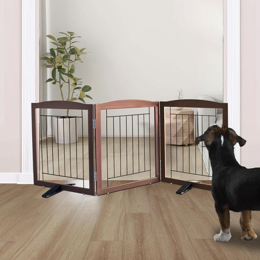 ZJSF Freestanding Dog Fence Indoor, Foldable Dog Gate for Doorways, Stairs or Hallways, Sturdy Wood Extra Wide Pet Gate with Support Feet for The House, Brown, 24 "Height-3 Panels