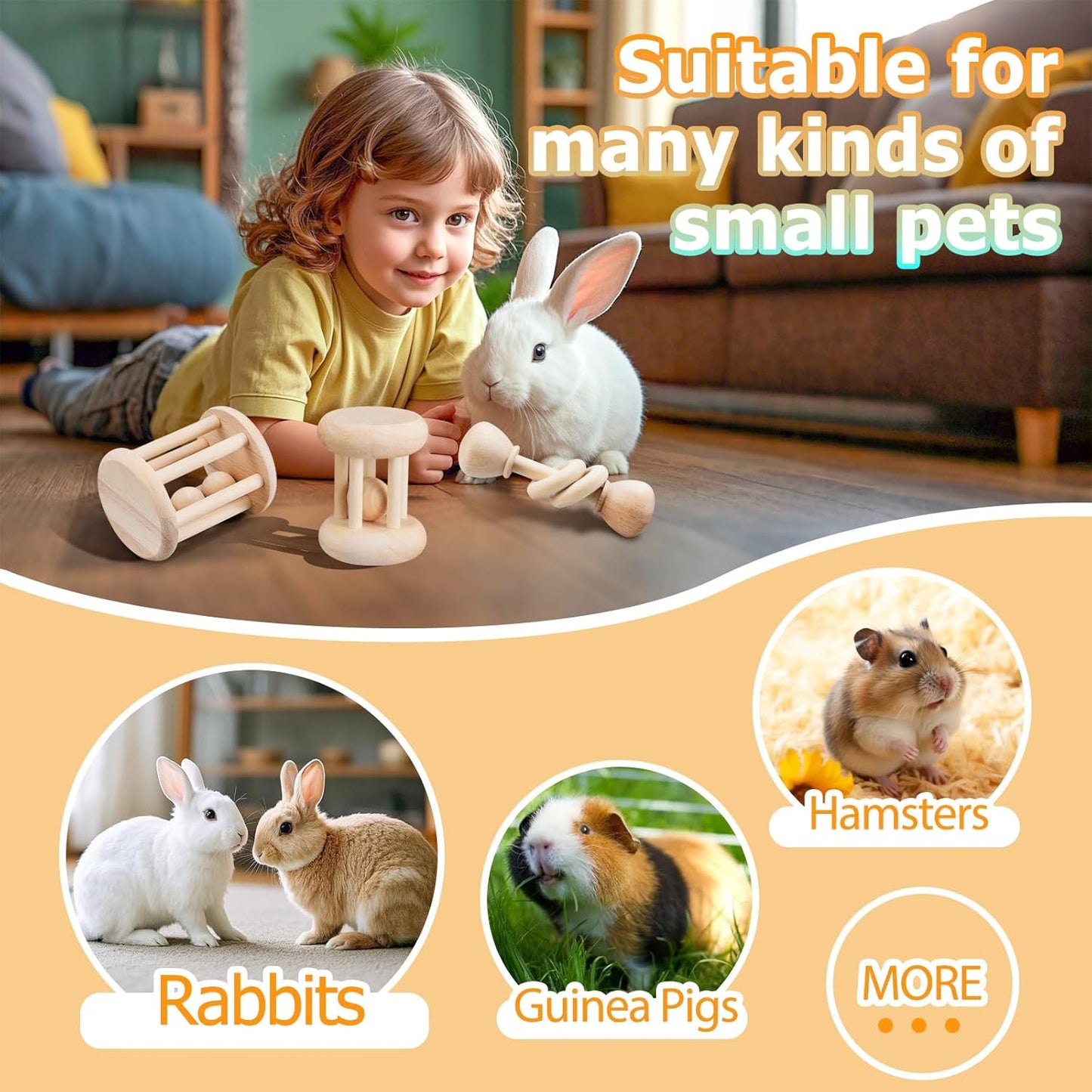 3 Pcs Natural Wooden Bunny Toys, Safe Rabbit Toys for Guinea Pig Chinchillas Hamsters Small Animals Playing Teeth Grinding Indoor Outdoor