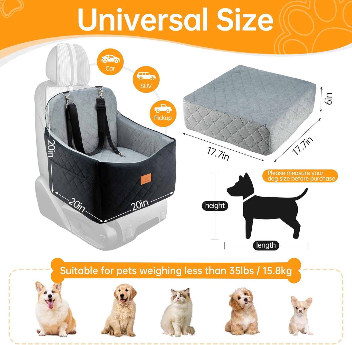 Dog Car Seats for Small/Medium Dogs, FurFrolic Memory Foam Dog Booster Seat for Small Dogs up to 35 lbs, Travel Pet Car Seat with Washable Detachable Cover, Storage Pockets, 2 Safety Belts, Black Gray