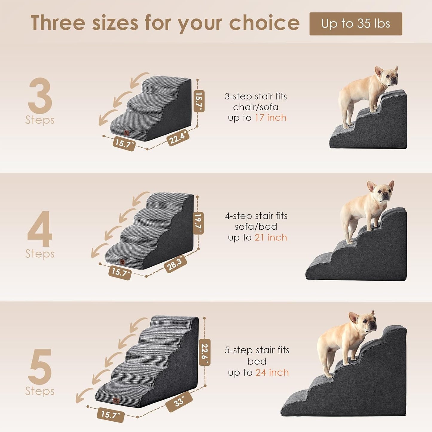 EHEYCIGA Curved Dog Stairs Ramp for High Beds 22.6" H, 5-Step Dog Steps for Small Dogs and Cats, Pet Stairs for High Bed Climbing, Non-Slip Balanced Pet Step Indoor, Grey