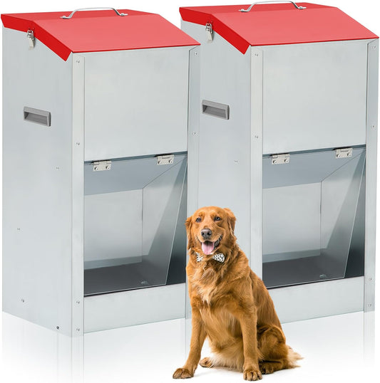 2 Pcs 50 Lbs Large Automatic Dog Feeders with Handle Acrylic Panel Galvanized Gravity Feeder Outdoor Hanging for Doggie Breed Dog Food Dispenser Container(Red)
