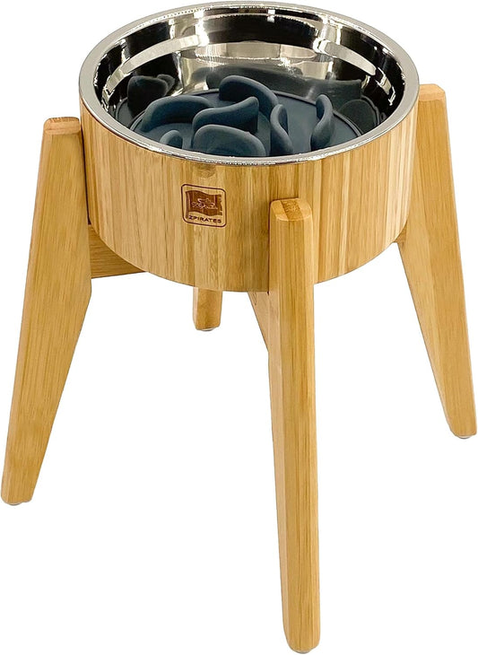 Slow Feeder Dog Bowls for Large Breed - Elevated, Raised 12-inch High - Bamboo Bowl with [60-oz Cap] Stainless Steel Inner Dish, Slow Feeding Insert Pad and Single Stand