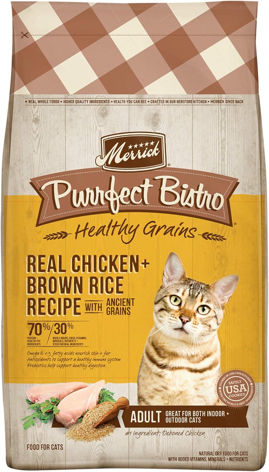 Merrick Purrfect Bistro Premium Healthy Grains Dry Cat Food For Adult Cats, Real Chicken And Brown Rice Recipe - 12.0 lb. Bag