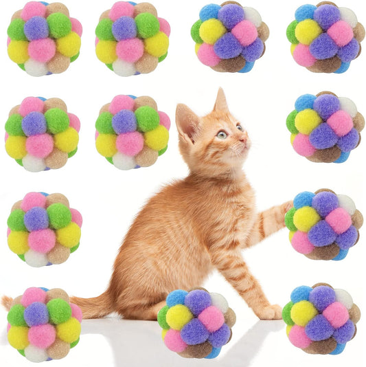 AQSXO 2 Inches Cat Toy Balls with Bell, Colorful Soft Fuzzy Balls, Cat Toys for Indoor 12 Pieces.