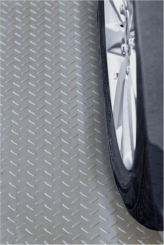 RESILIA Heavy Duty Garage Floor Runner & Protector Mat - Slip Resistant Diamond Plate PVC Mats - Water, Spill, & Stain Resistant, Silver (4 feet x 15 feet), Made in The USA
