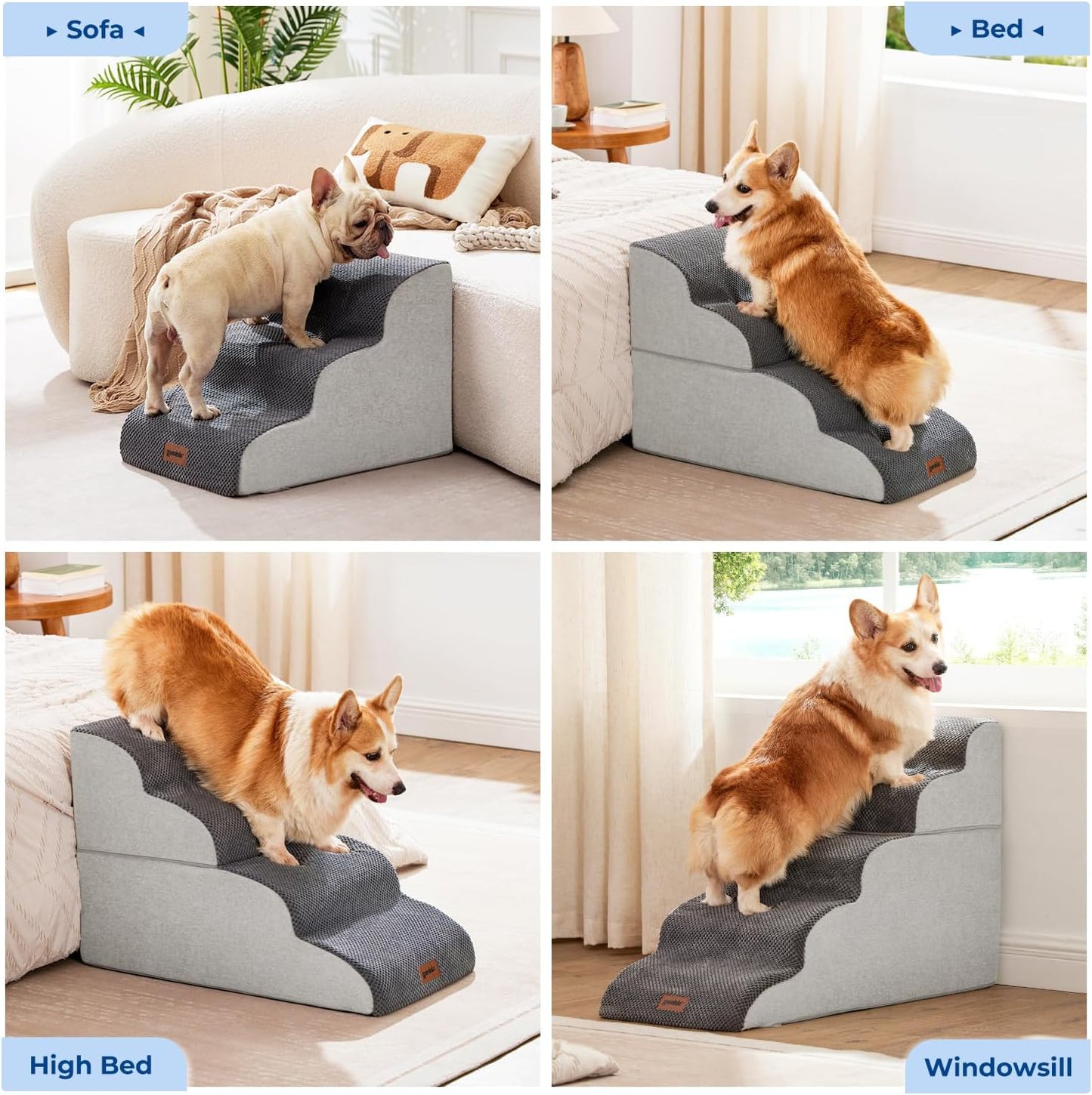 Dog Stairs for Small Dogs - Pet Stairs for Couch and Bed, 35D Foam Dog Steps Ramp with Non-Slip Bottom Brown, 3 Steps