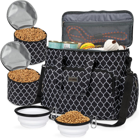 BAGLHER Dog Travel Bag, Pet Travel Bag (ALL Pet Travel Supplies), With 2 Pet Food Containers and 2 Collapsible Silicone Bowls; Essential Kits for Pet Travel DLblack