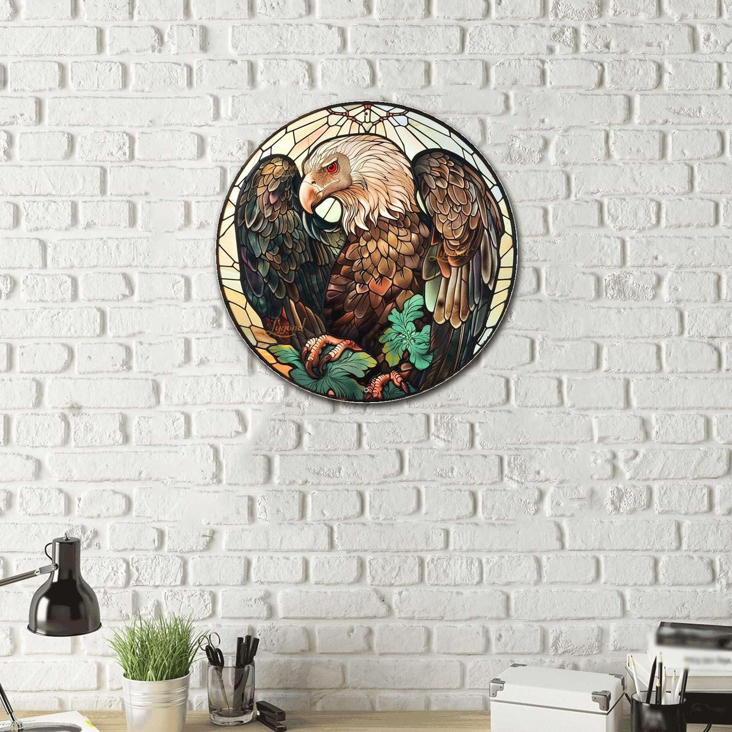 Lygond Metal Sign Tin Sign Circular Stained Glass Vulture Funny Bathroom Decor for Gift 12×12 Inches