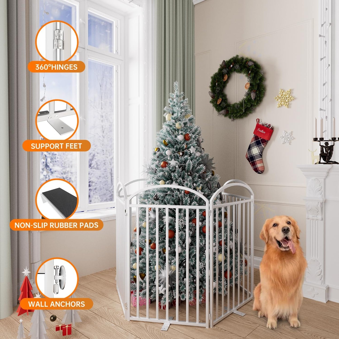 4 Panles Full Matel Freestanding Dog Gates with Door, 96"Extra Wide 36"Tall Free Standing Dog Pet Gate for Indoor & Outdoor. Foldable Pet Fences for Doorways, House, Stairs, Porch, Deck, Yard