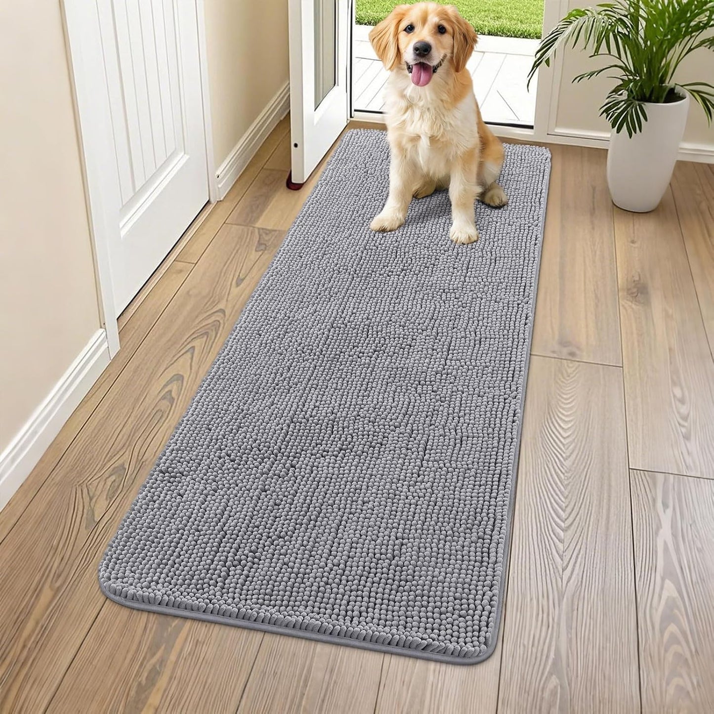 Smiry Dog Door Mat for Muddy Paws 54x24, Absorbs Moisture and Dirt Doormat, Non-Slip Washable Quick Dry Chenille Front Door Mat Indoor Entrance, Entryway Carpet for Inside Floor, Grey