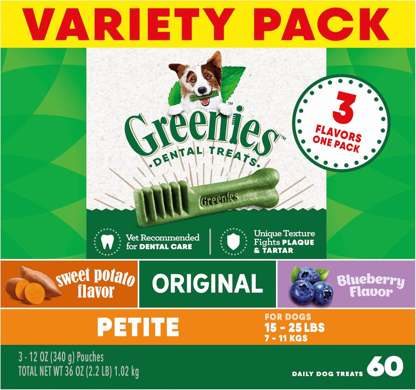 Greenies Petite Dental Dog Treats, 3-Flavor Variety Pack, (3) 12 oz. Pouches, 60 Total Treats
