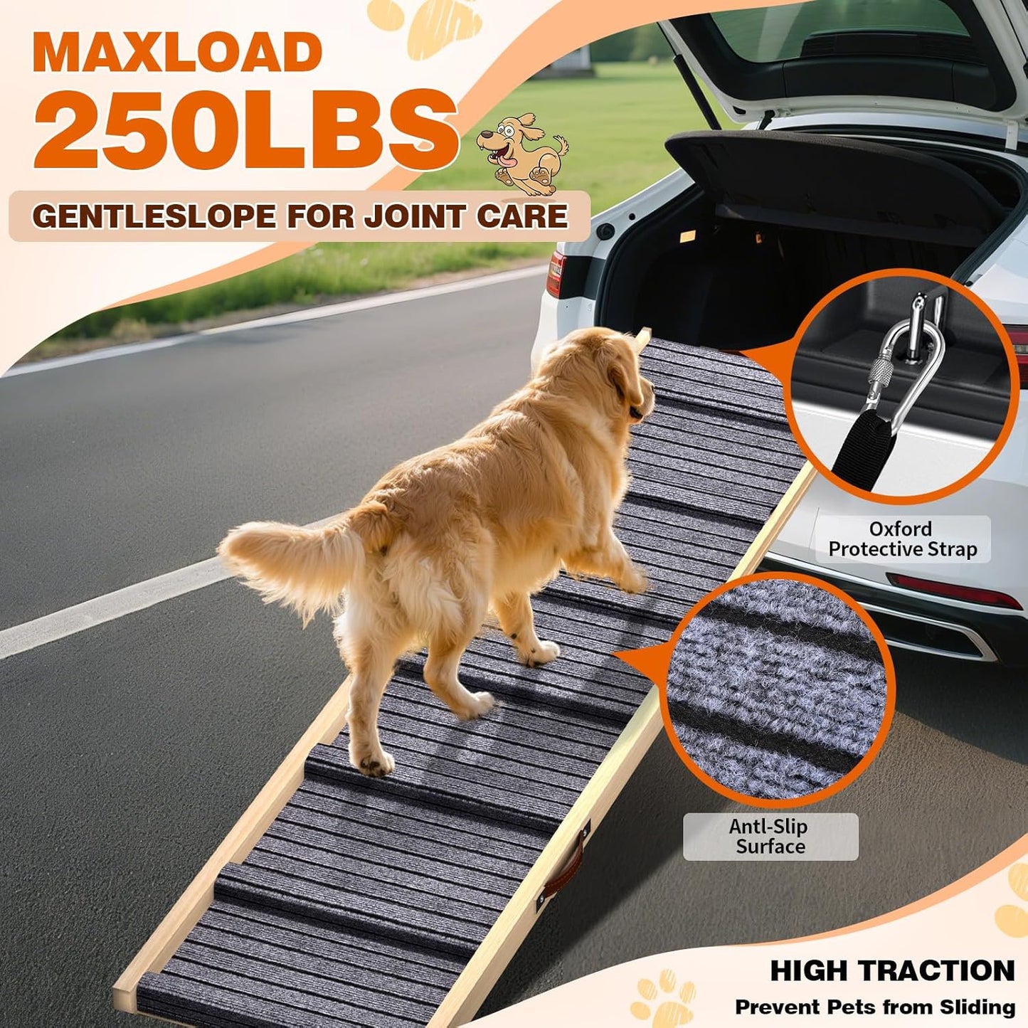 Dog Ramp for Car, 71''x 17'' Extra Long Deluxe Telescoping Design Wooden Pet Ramp, Pet Stair Ramps for Truck SUV with Non-Slip Surface, Portable Outdoor Dog Steps for Medium Large Dogs, Up to 250LBS