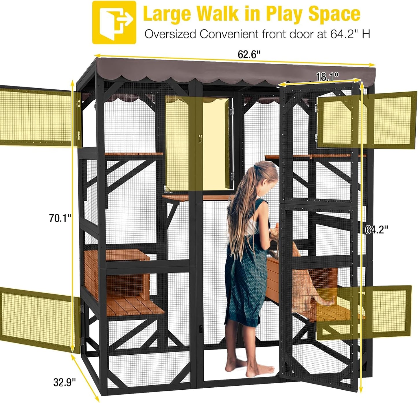 Aivituvin Catio Outdoor Cat Enclosure Large Cat House for Mulitiple Cats Walk in Kitty Cage with Tarp Roof 70" Black